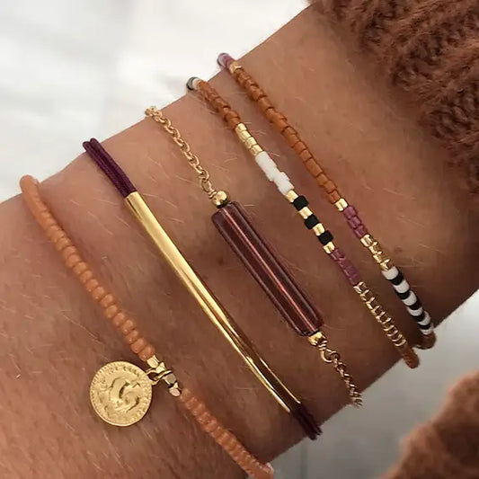 Set de 5 bracelets "Camel et Aubergine"