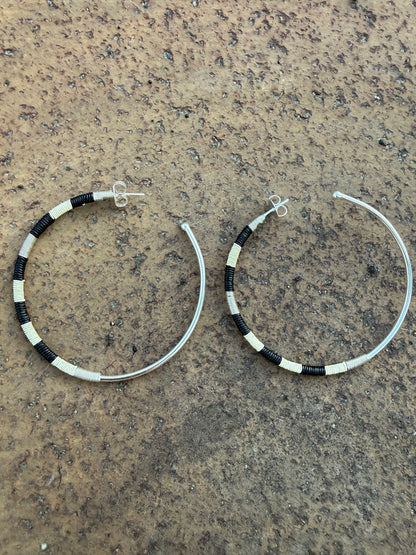 Créoles Hoops base argent - noir et blanc